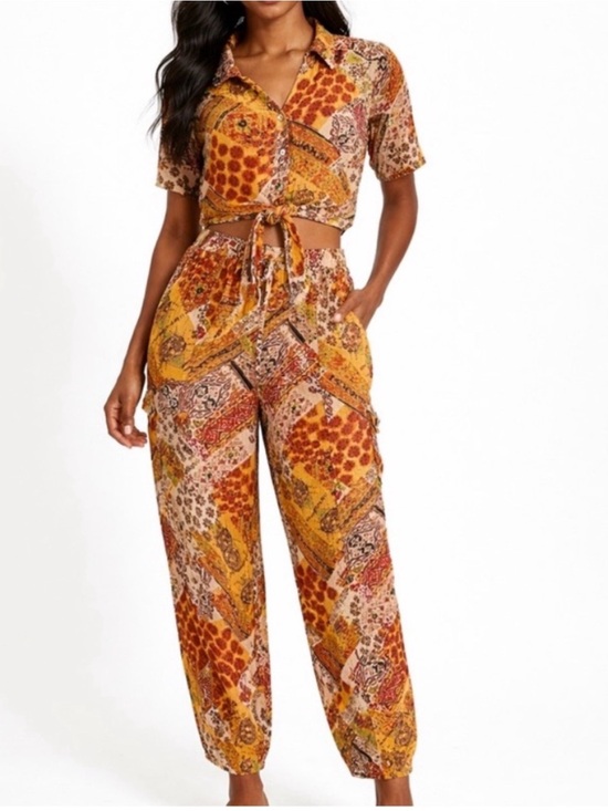 Christian Siriano Pants - Christian Siriano NY Mustard Patchwork Print Crop Top & Jogger Set S